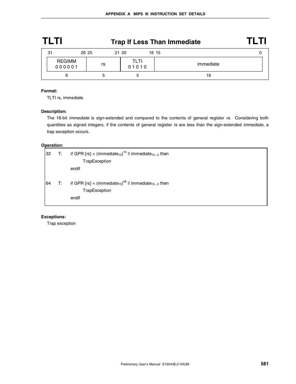 Tlti, Trap if less than immediate | NEC Network Controller uPD98502 User Manual | Page 581 / 595