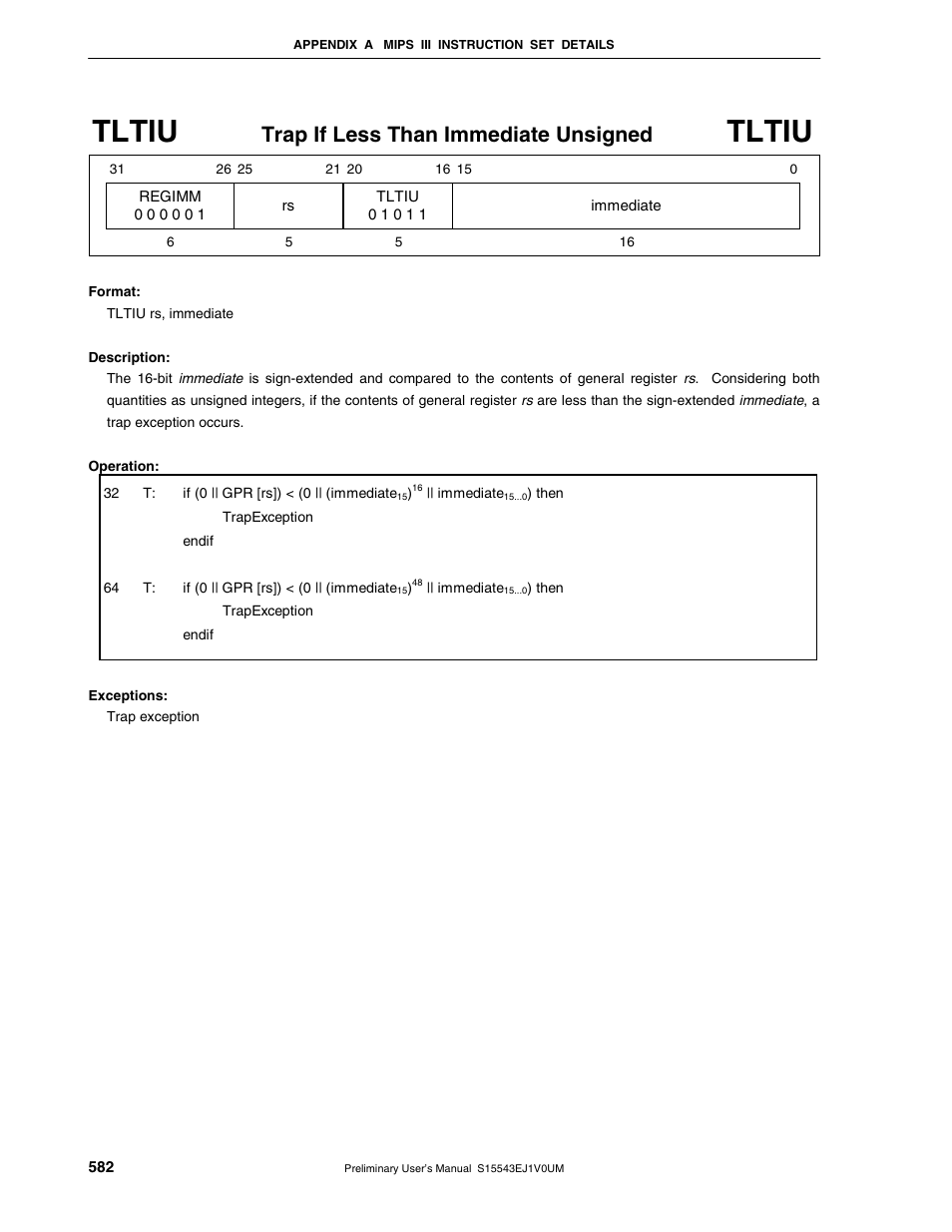 Tltiu, Trap if less than immediate unsigned | NEC Network Controller uPD98502 User Manual | Page 582 / 595