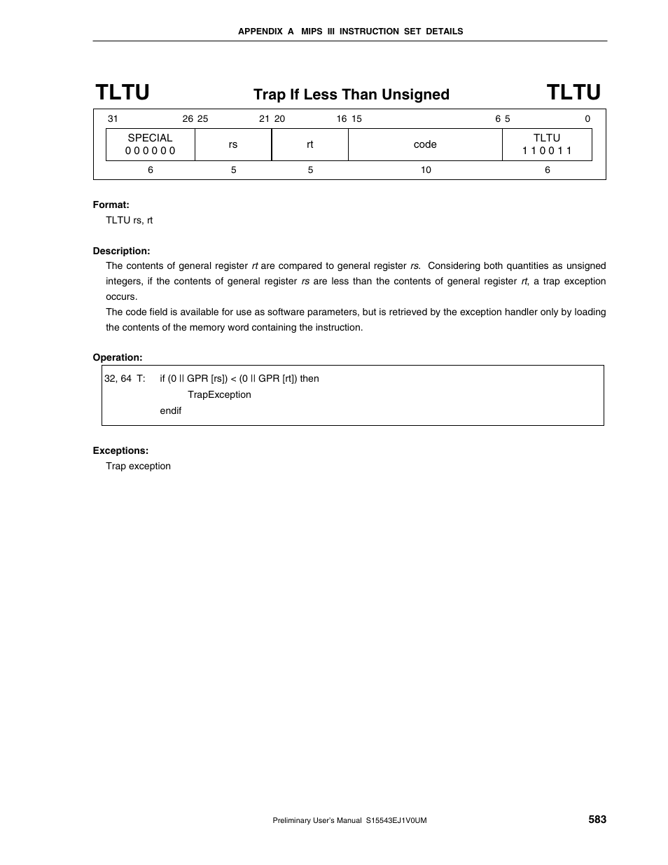 Tltu, Trap if less than unsigned | NEC Network Controller uPD98502 User Manual | Page 583 / 595