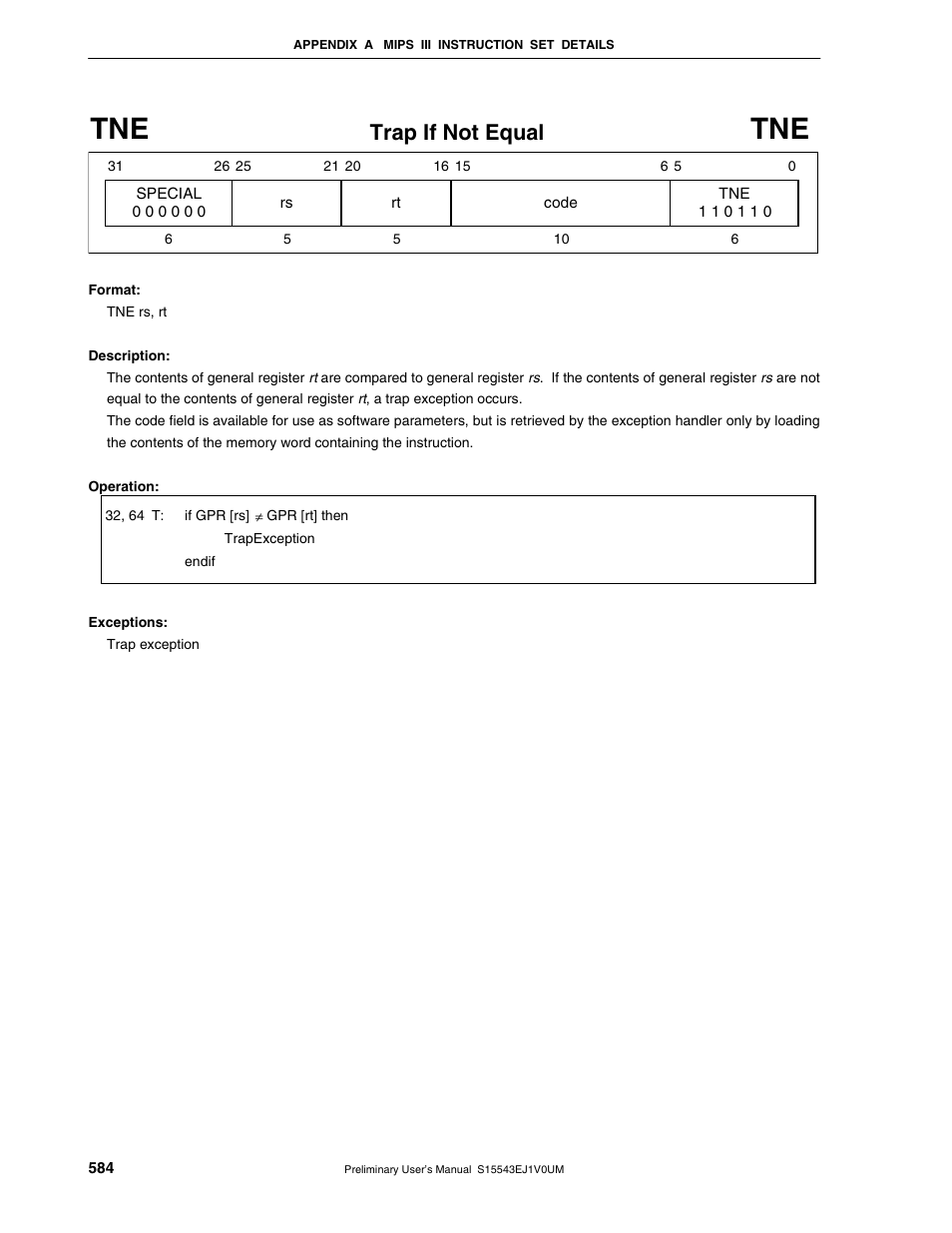 Trap if not equal | NEC Network Controller uPD98502 User Manual | Page 584 / 595