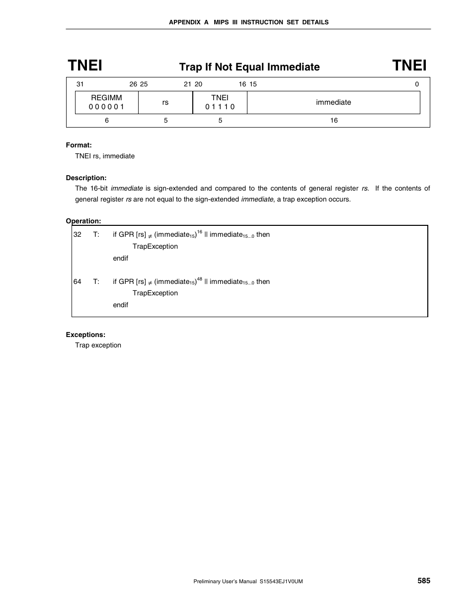 Tnei, Trap if not equal immediate | NEC Network Controller uPD98502 User Manual | Page 585 / 595