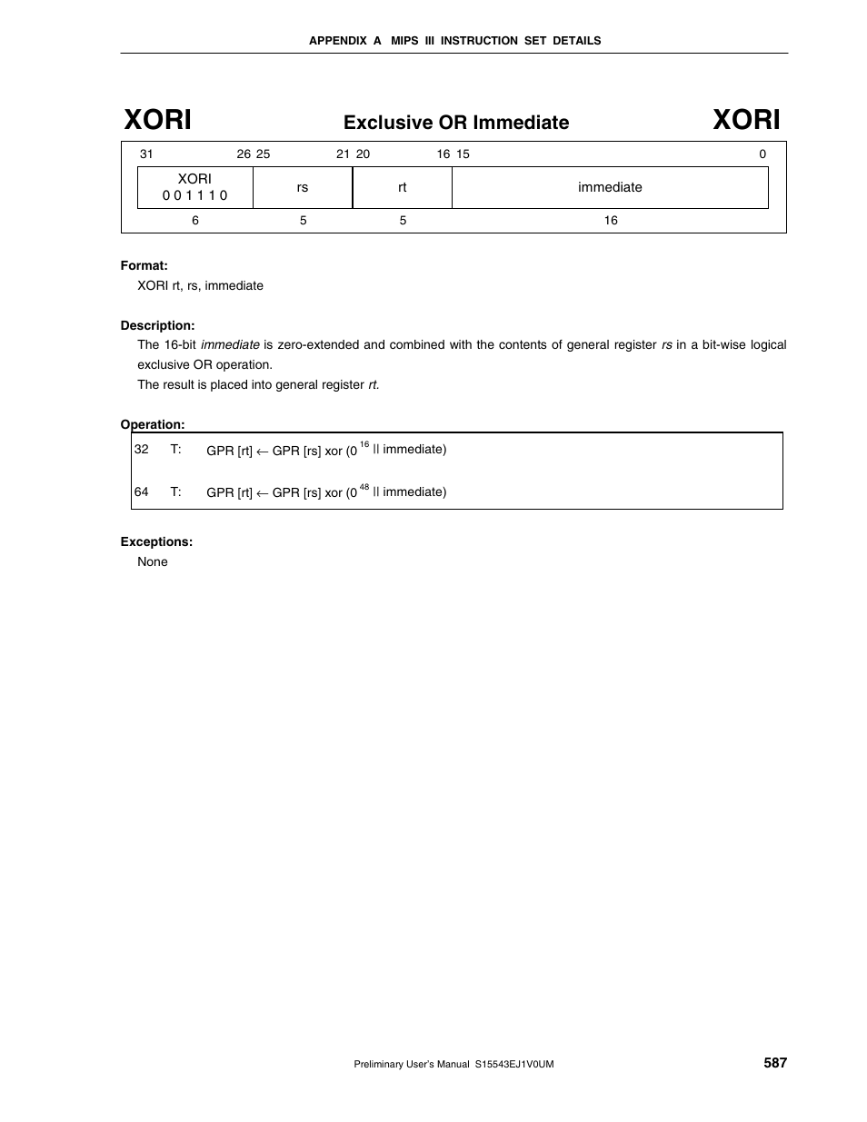 Xori, Exclusive or immediate | NEC Network Controller uPD98502 User Manual | Page 587 / 595