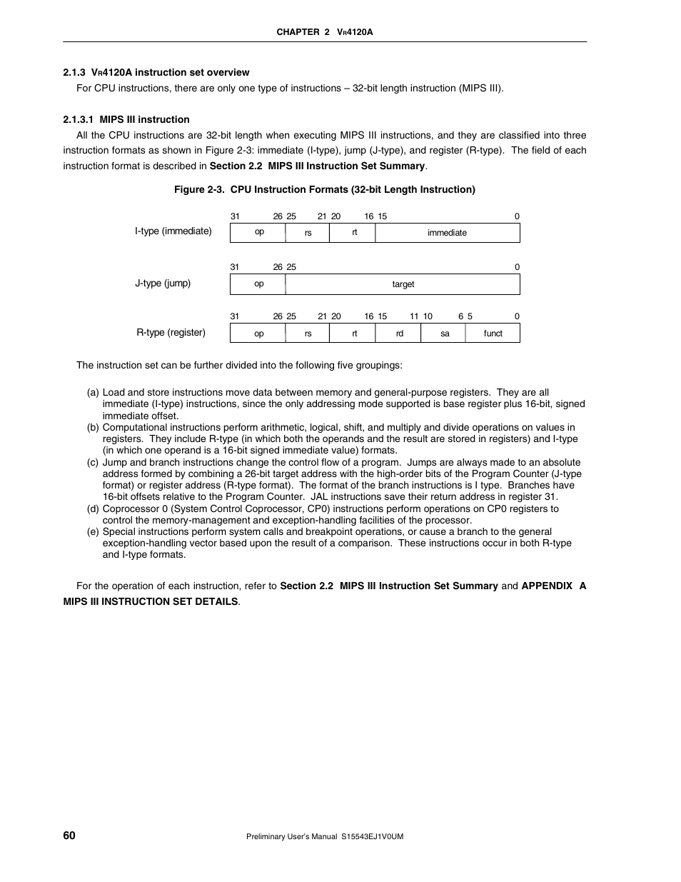 3 vr4120a instruction set overview | NEC Network Controller uPD98502 User Manual | Page 60 / 595
