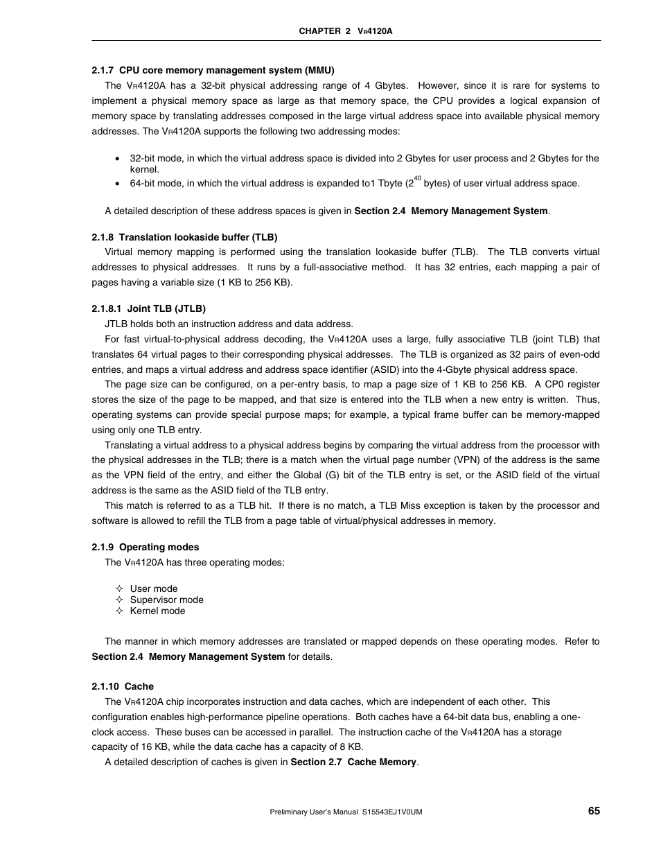 7 cpu core memory management system (mmu), 8 translation lookaside buffer (tlb), 9 operating modes | 10 cache | NEC Network Controller uPD98502 User Manual | Page 65 / 595