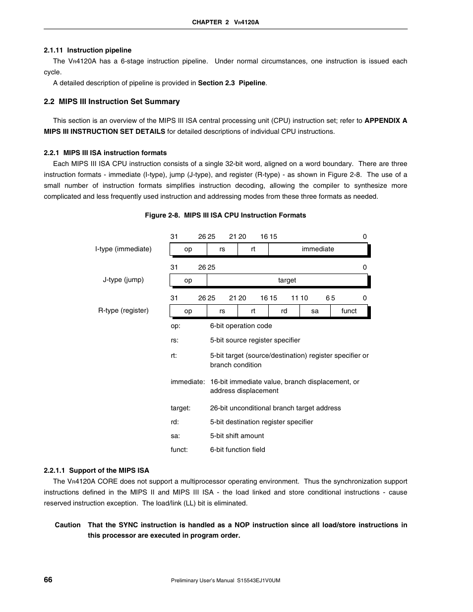 11 instruction pipeline, 2 mips iii instruction set summary, 1 mips iii isa instruction formats | NEC Network Controller uPD98502 User Manual | Page 66 / 595