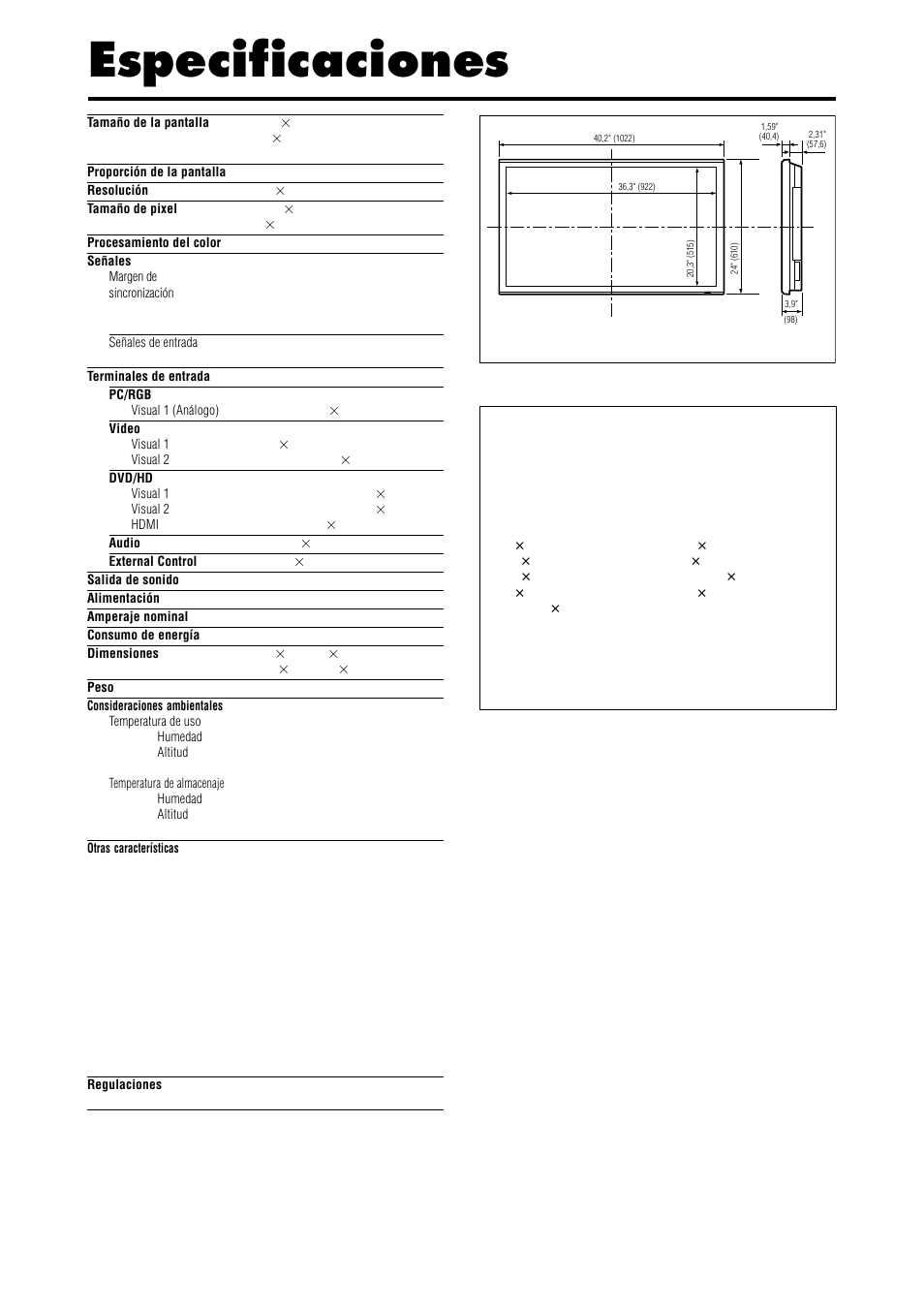 Especificaciones | NEC PX-42XR4A User Manual | Page 12 / 20