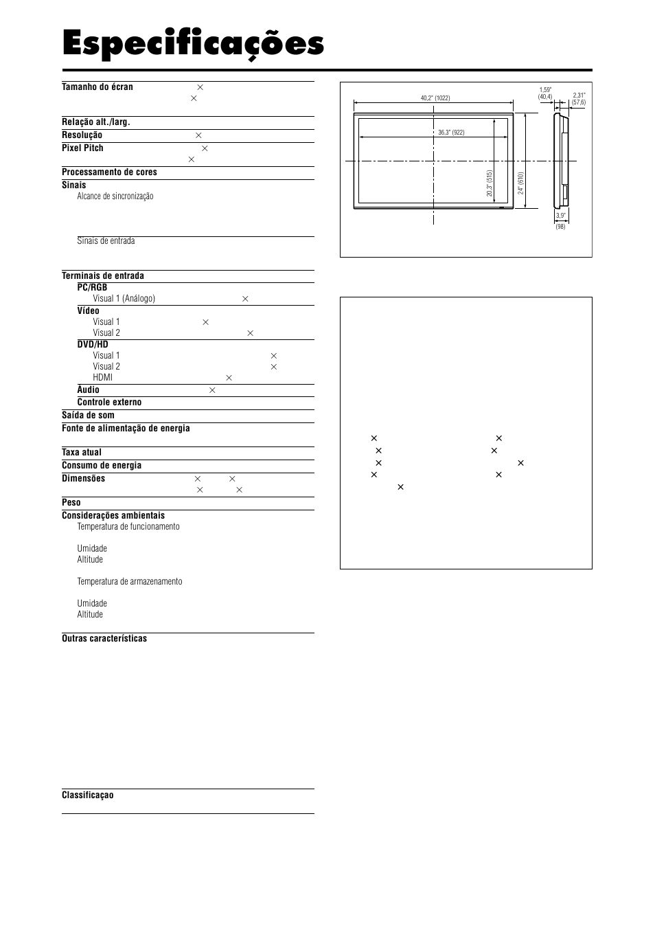 Especificações | NEC PX-42XR4A User Manual | Page 16 / 20