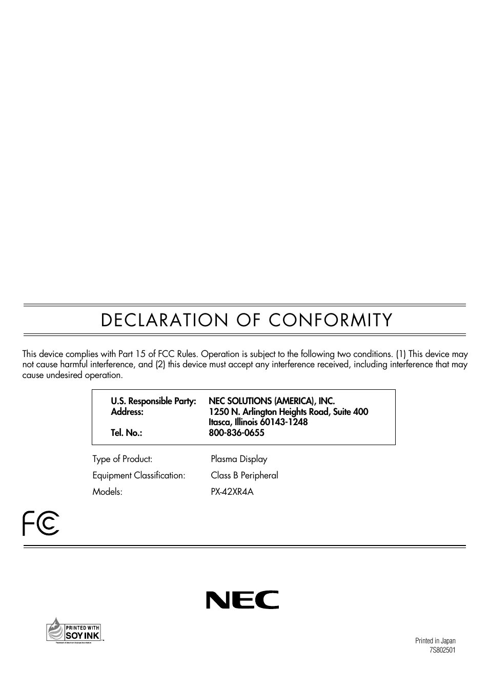 Declaration of conformity | NEC PX-42XR4A User Manual | Page 20 / 20