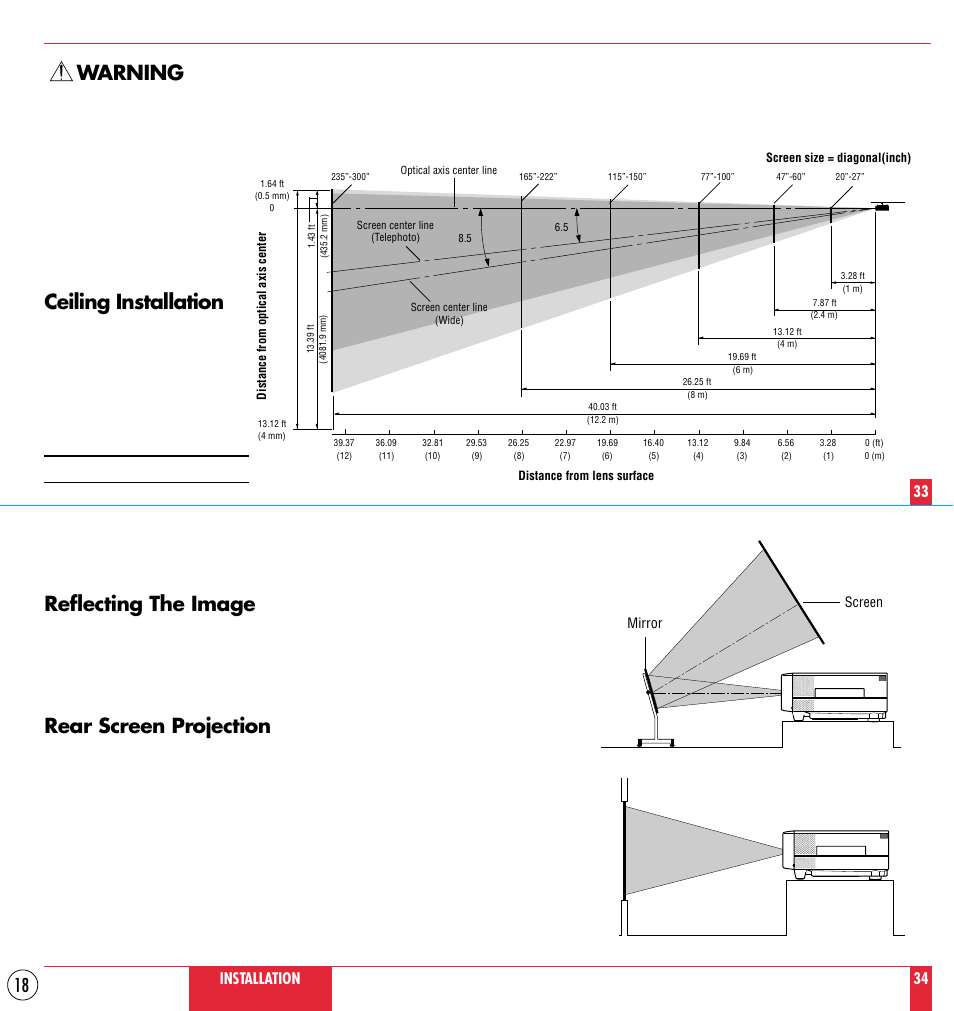 Reflecting the image, Rear screen projection, Warning | Ceiling installation, Installation 34 | NEC MT1000 User Manual | Page 18 / 44