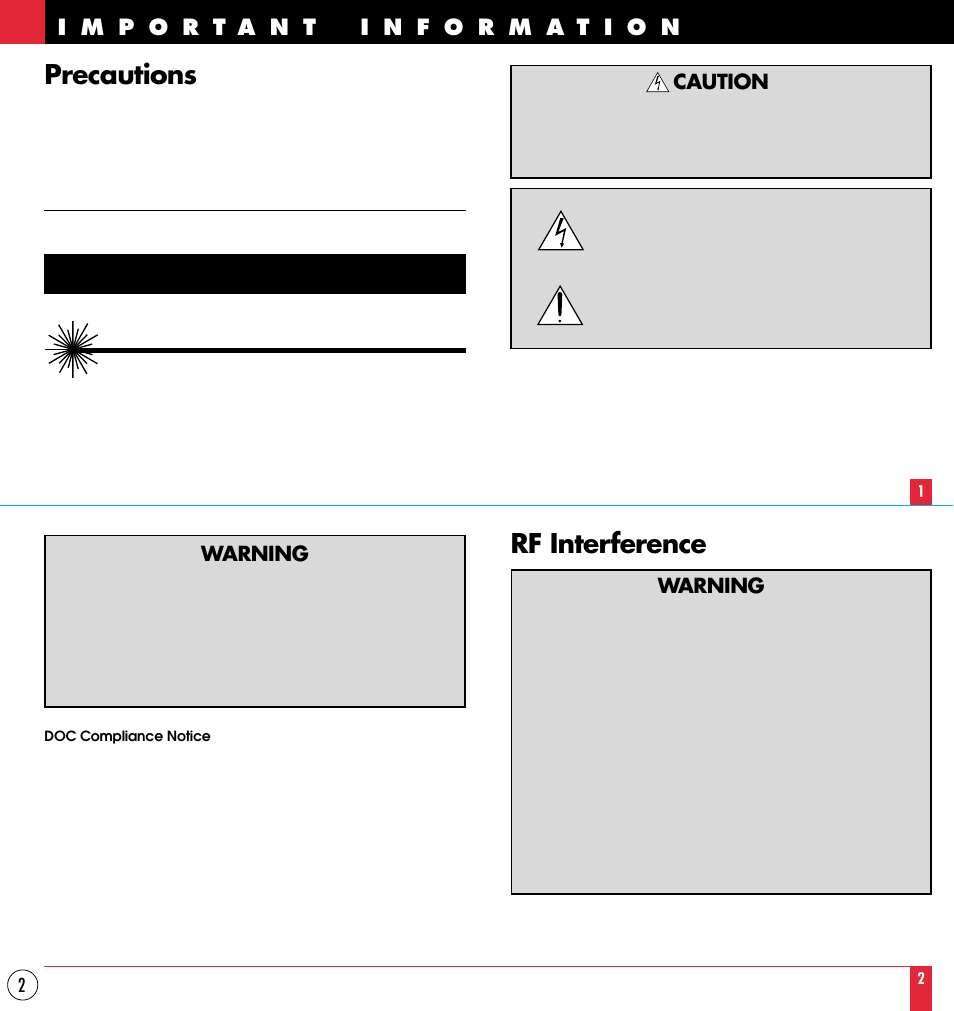 Caution, Precautions, Rf interference | NEC MT1000 User Manual | Page 2 / 44