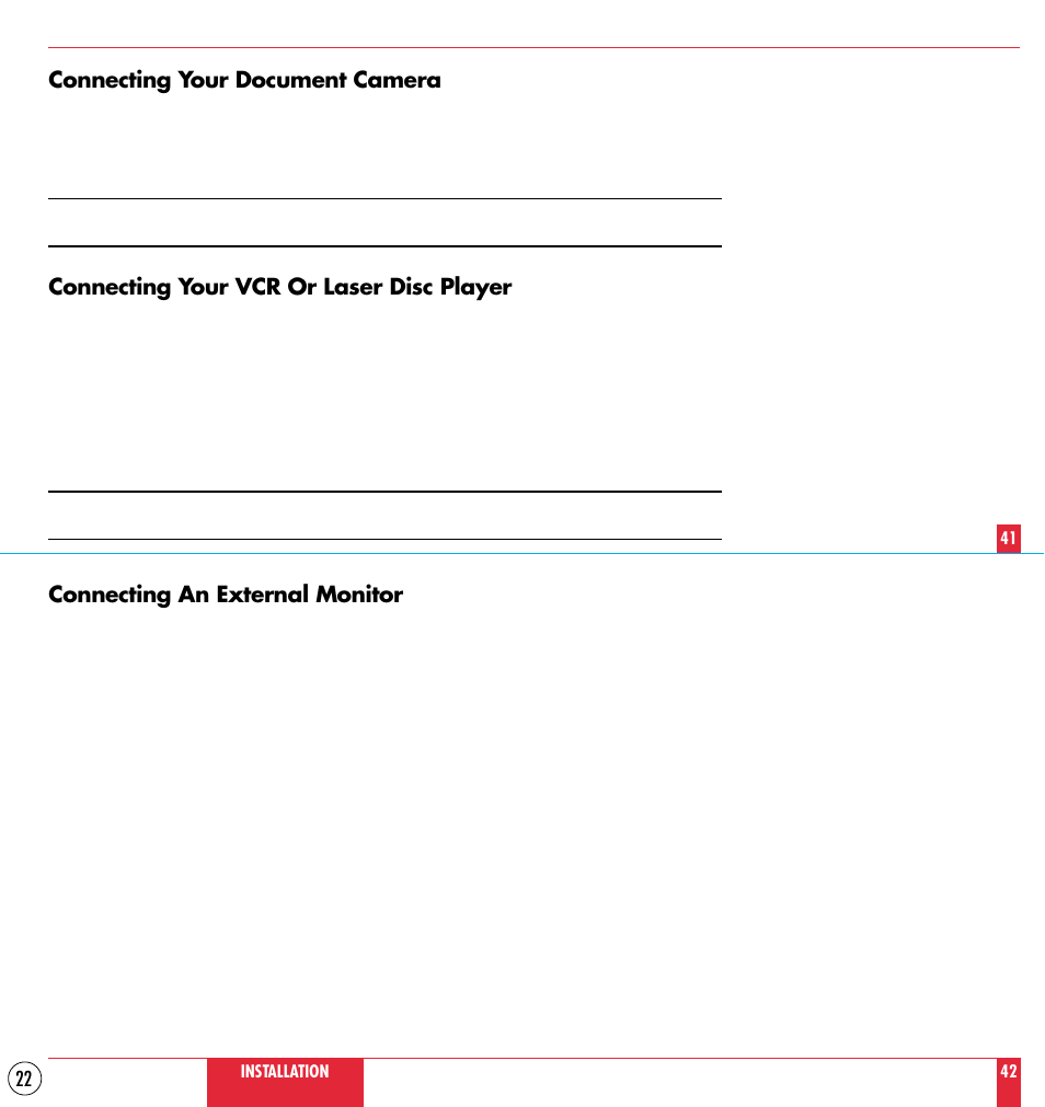 Connecting your document camera, Connecting your vcr or laser disc player, Connecting an external monitor | NEC MT1000 User Manual | Page 22 / 44