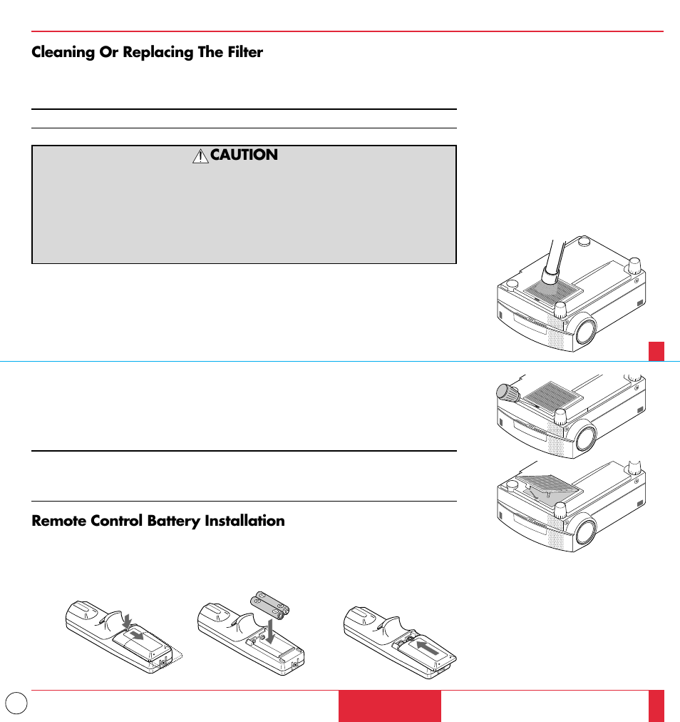 Cleaning or replacing the filter, Caution, Remote control battery installation | NEC MT1000 User Manual | Page 33 / 44