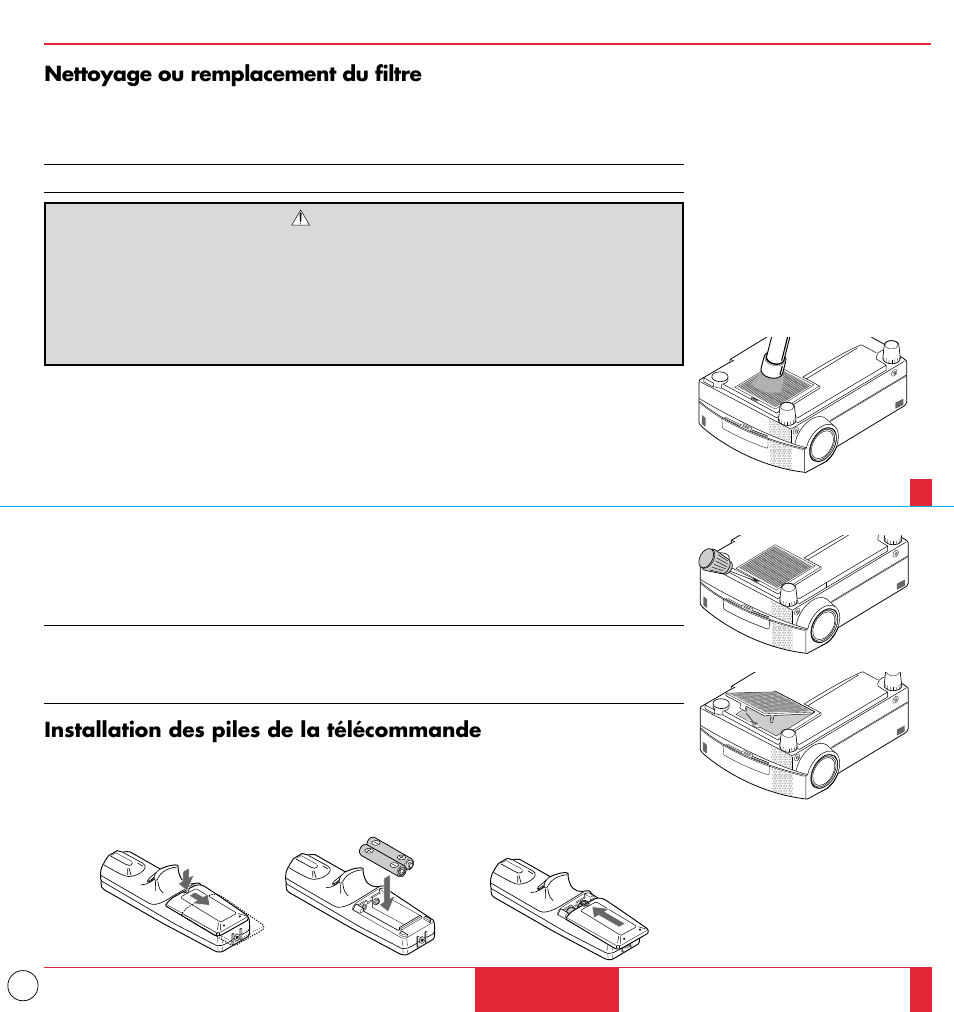 Nettoyage ou remplacement du filtre, Installation des piles de la télécommande | NEC MT1000 User Manual | Page 35 / 44