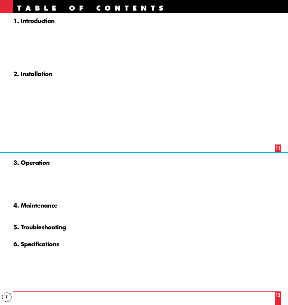 Introduction, Installation, Operation | Maintenance, Troubleshooting, Specifications | NEC MT1000 User Manual | Page 7 / 44