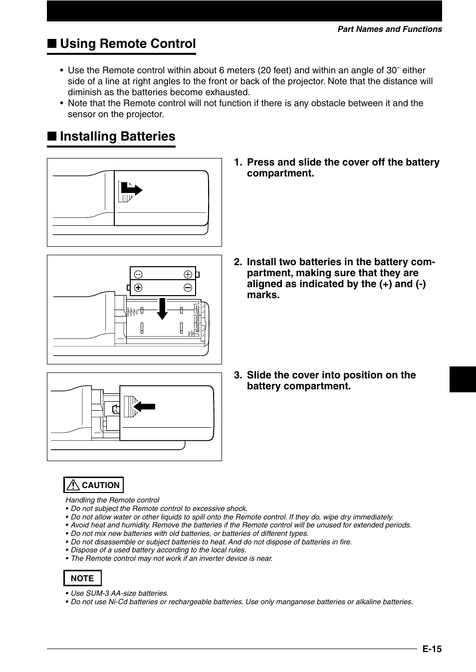 Using remote control, Installing batteries | NEC DT100 User Manual | Page 20 / 55