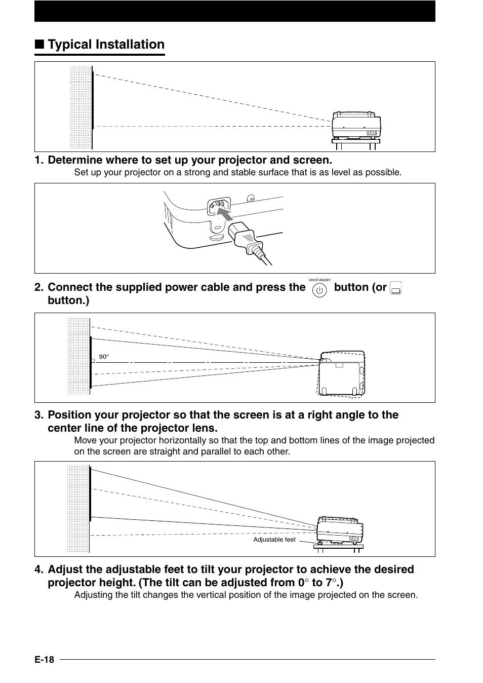 Typical installation, Connect the supplied power cable and press the, Button (or | NEC DT100 User Manual | Page 23 / 55