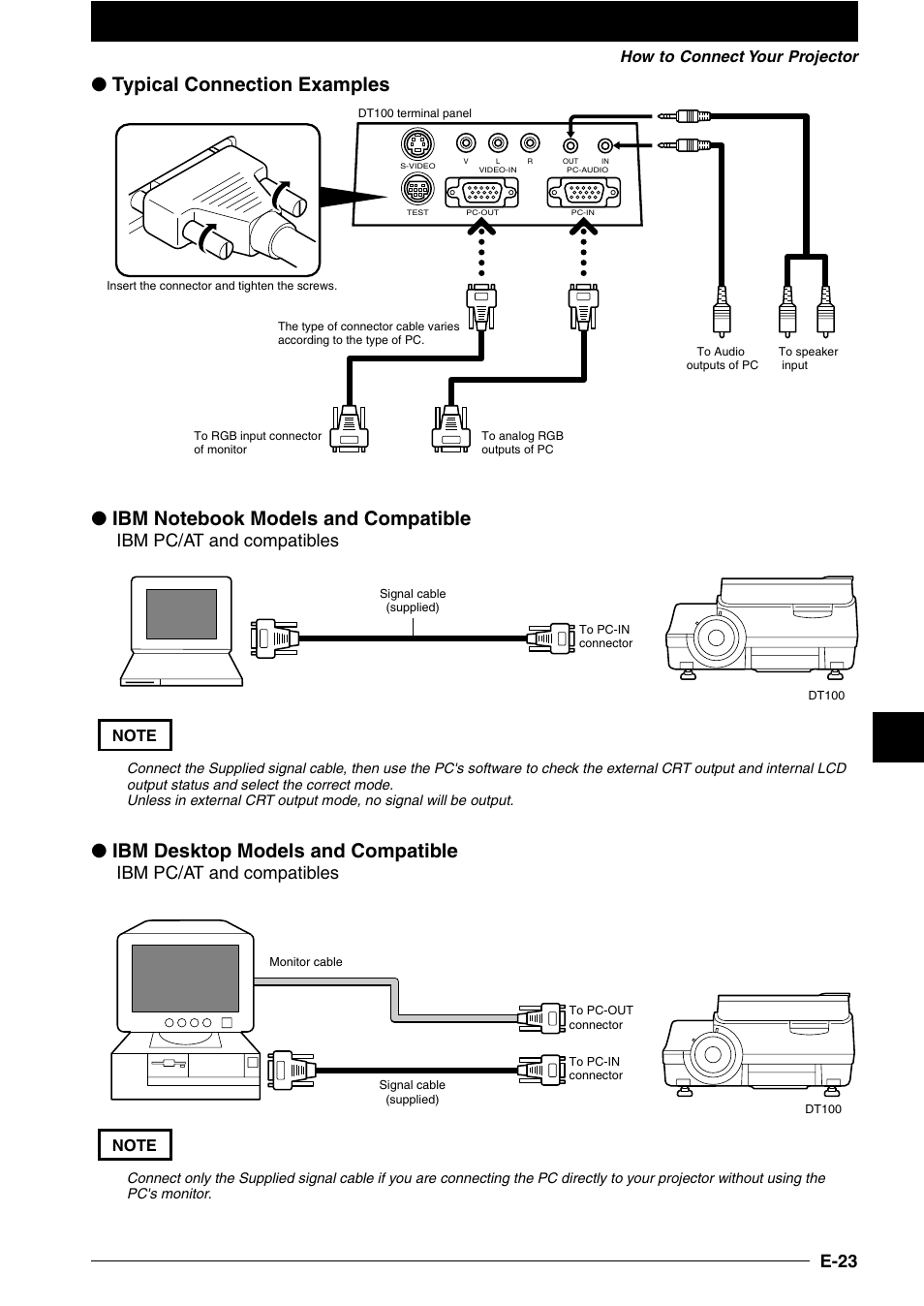 Ibm desktop models and compatible, E-23, Ibm pc/at and compatibles | How to connect your projector | NEC DT100 User Manual | Page 28 / 55
