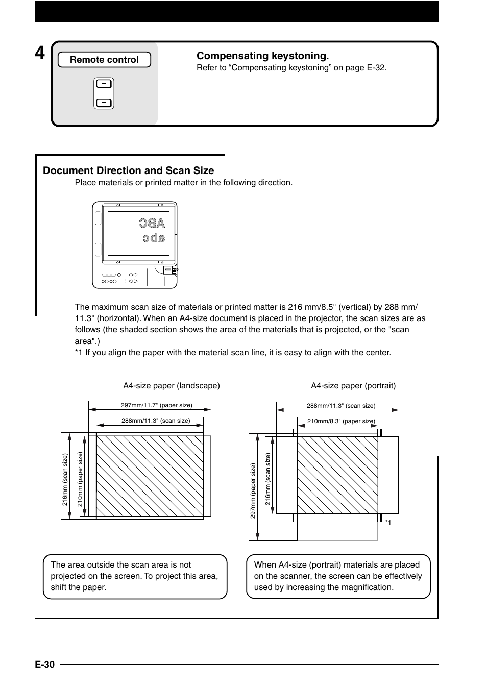 Compensating keystoning, Document direction and scan size | NEC DT100 User Manual | Page 35 / 55