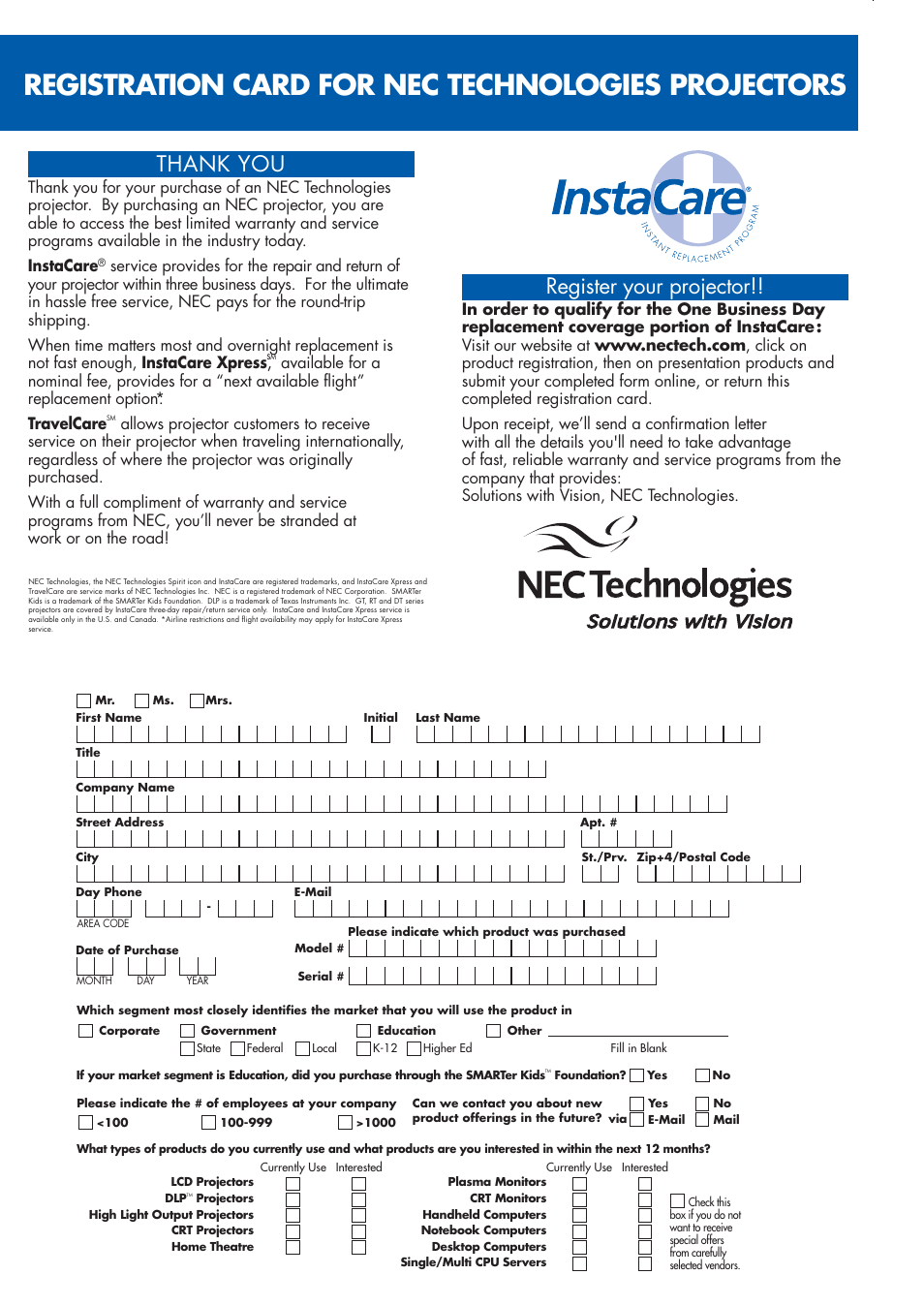 Registration card for nec technologies projectors, Register your projector | NEC DT100 User Manual | Page 4 / 55