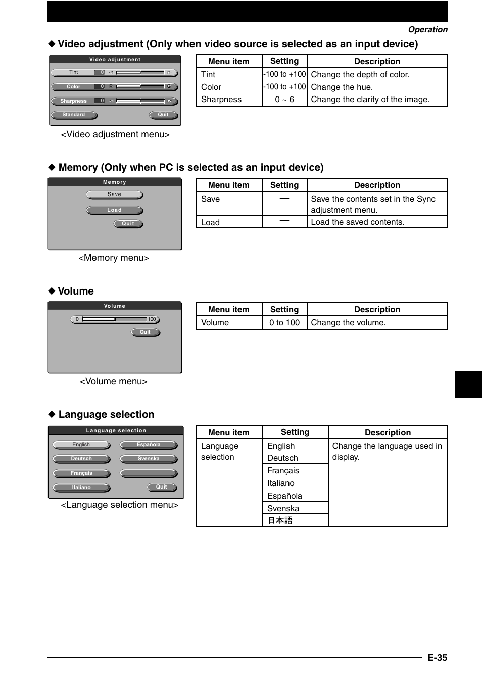 Volume, Language selection, E-35 | Video adjustment menu, Volume menu, Language selection menu | NEC DT100 User Manual | Page 40 / 55