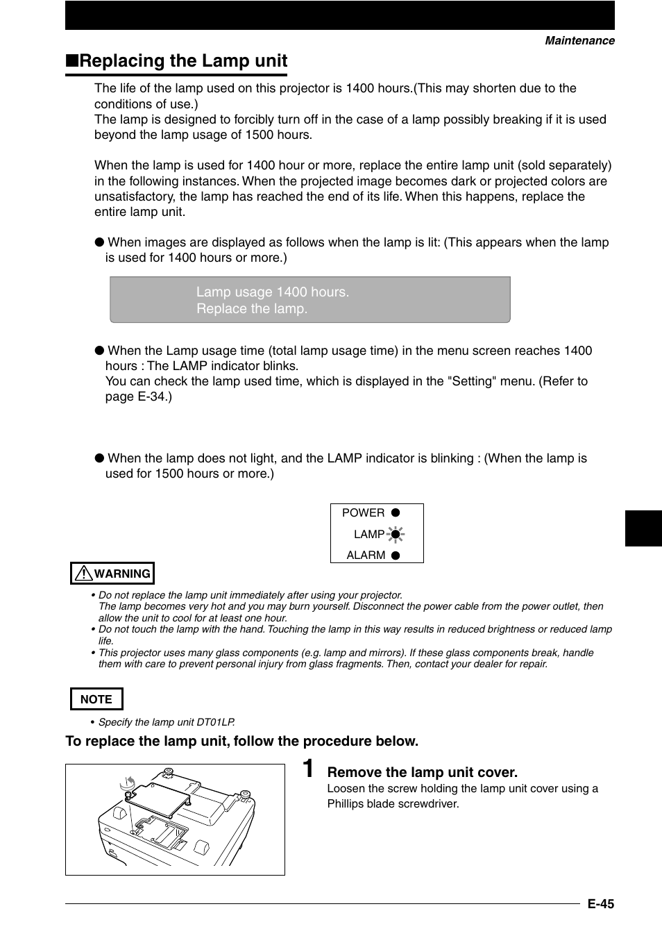 Replacing the lamp unit | NEC DT100 User Manual | Page 50 / 55