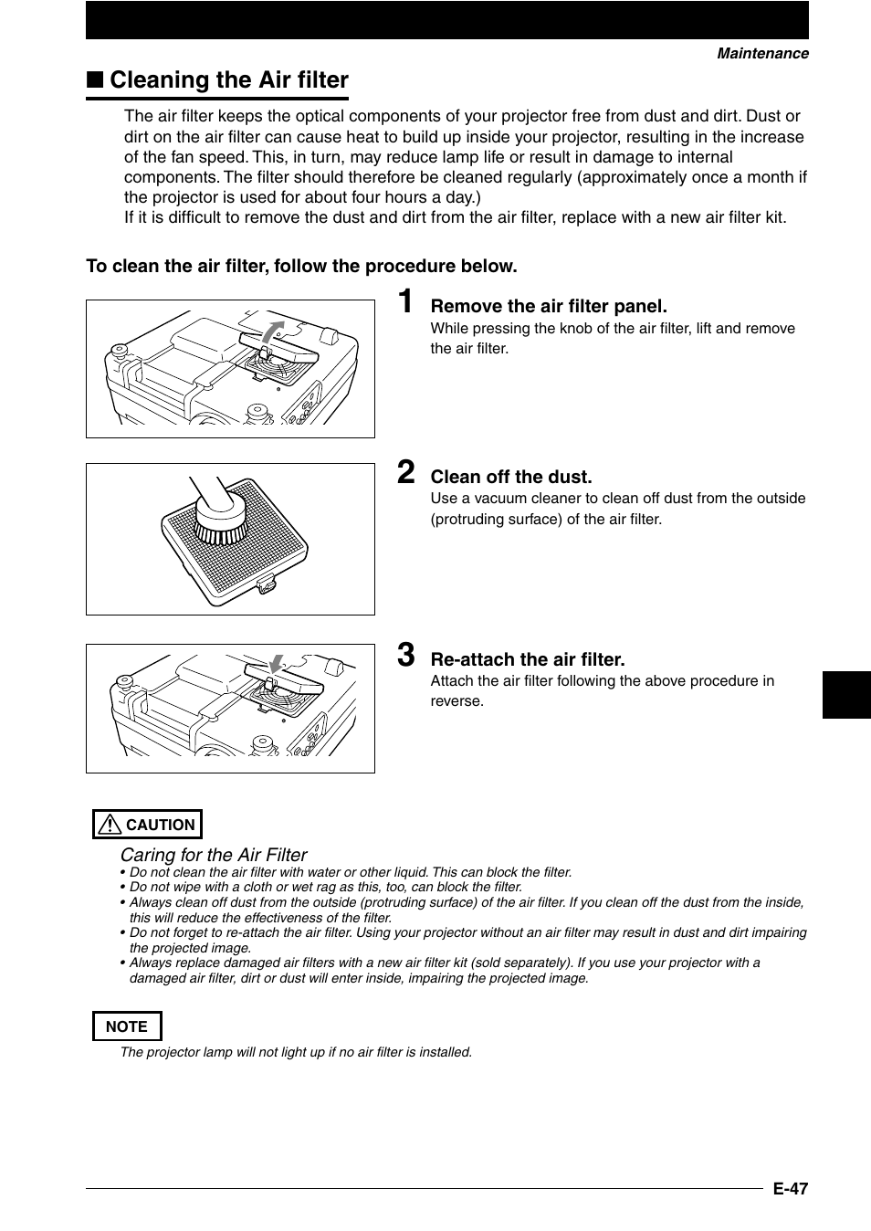 Cleaning the air filter | NEC DT100 User Manual | Page 52 / 55
