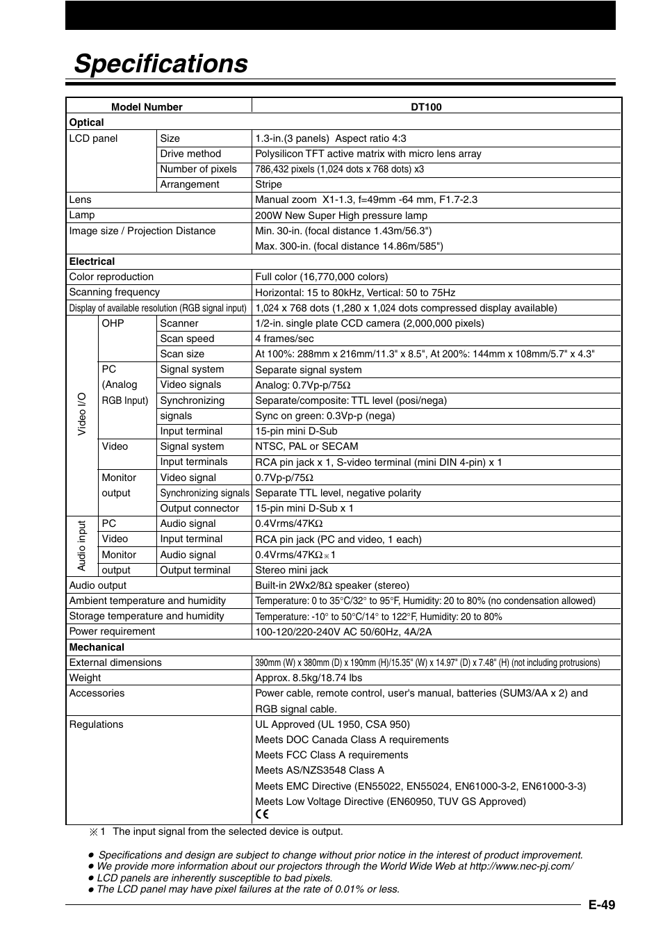 Specifications | NEC DT100 User Manual | Page 54 / 55