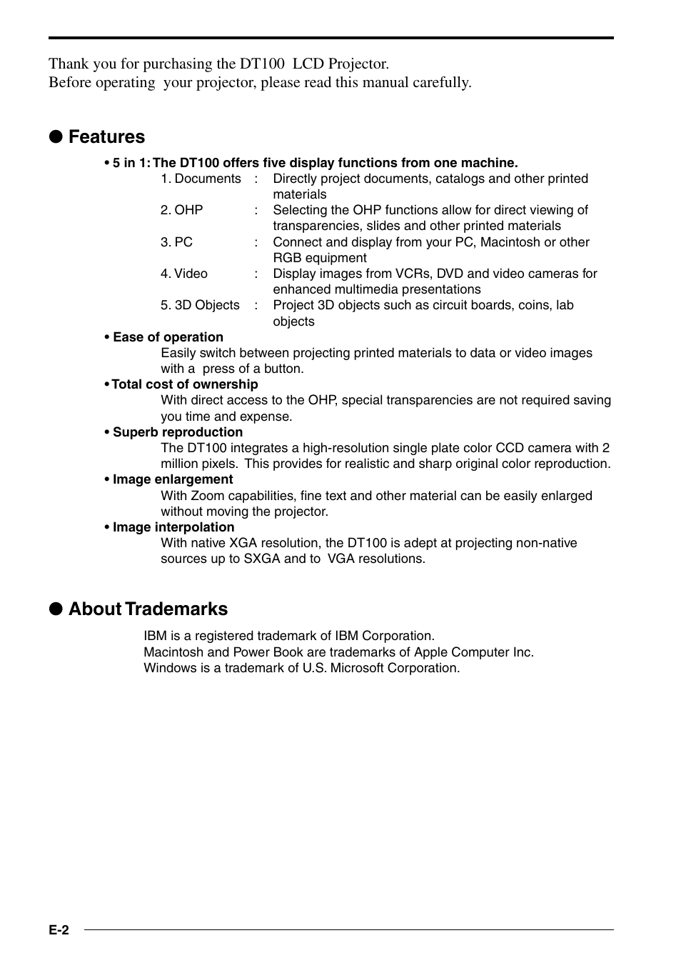 Features, About trademarks | NEC DT100 User Manual | Page 7 / 55