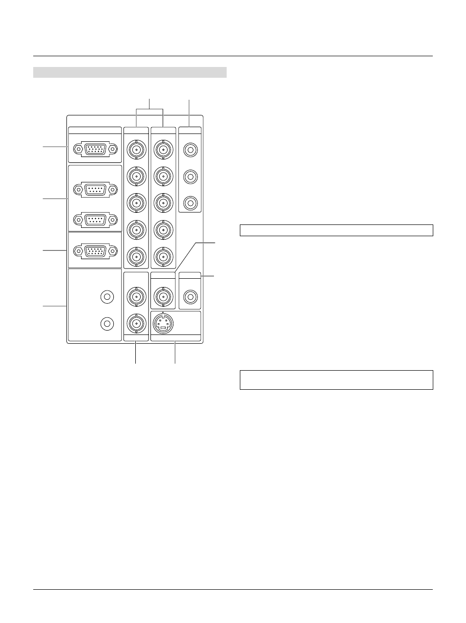 Terminal panel, E – 10, 1 input 3 rgb connector (mini d-sub 15 pin) | 2 option connector (mini d-sub 9 pin), 3 remote 1 connector (mini d-sub 15 pin), 4 remote 2 jacks, 5 input 1 and input 2 terminals (bnc), 6 input 4 cr/y/cb terminal (rca), 7 input 5 video 1 terminal (bnc), 8 input 6 video 2 terminal (rca) | NEC XT5000 User Manual | Page 10 / 46