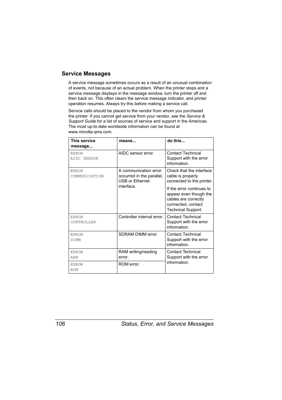 Service messages, Service messages 106 | NEC 2300 DL User Manual | Page 114 / 172