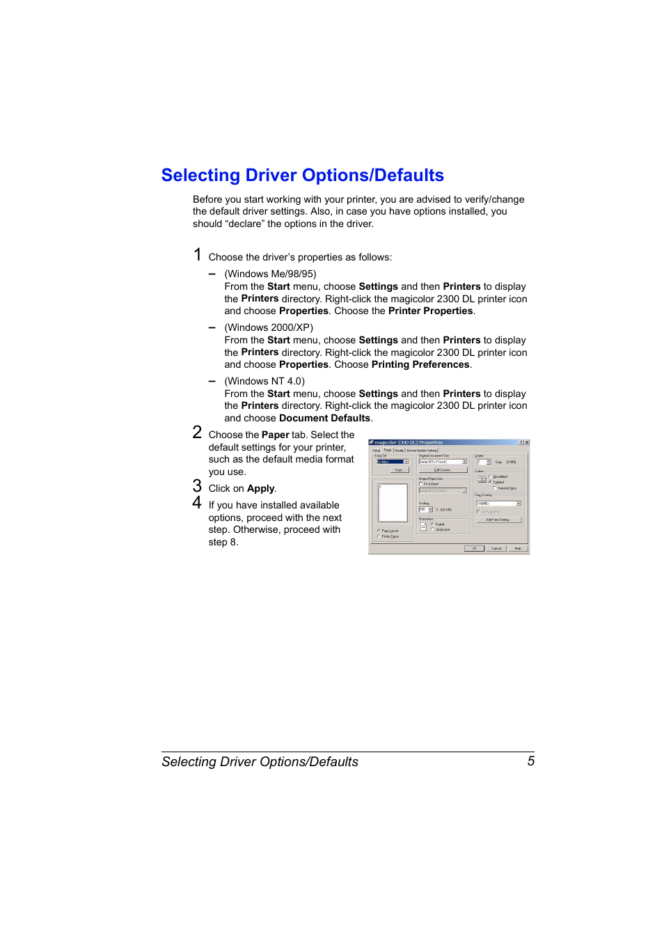 Selecting driver options/defaults, Selecting driver options/defaults 5 | NEC 2300 DL User Manual | Page 13 / 172