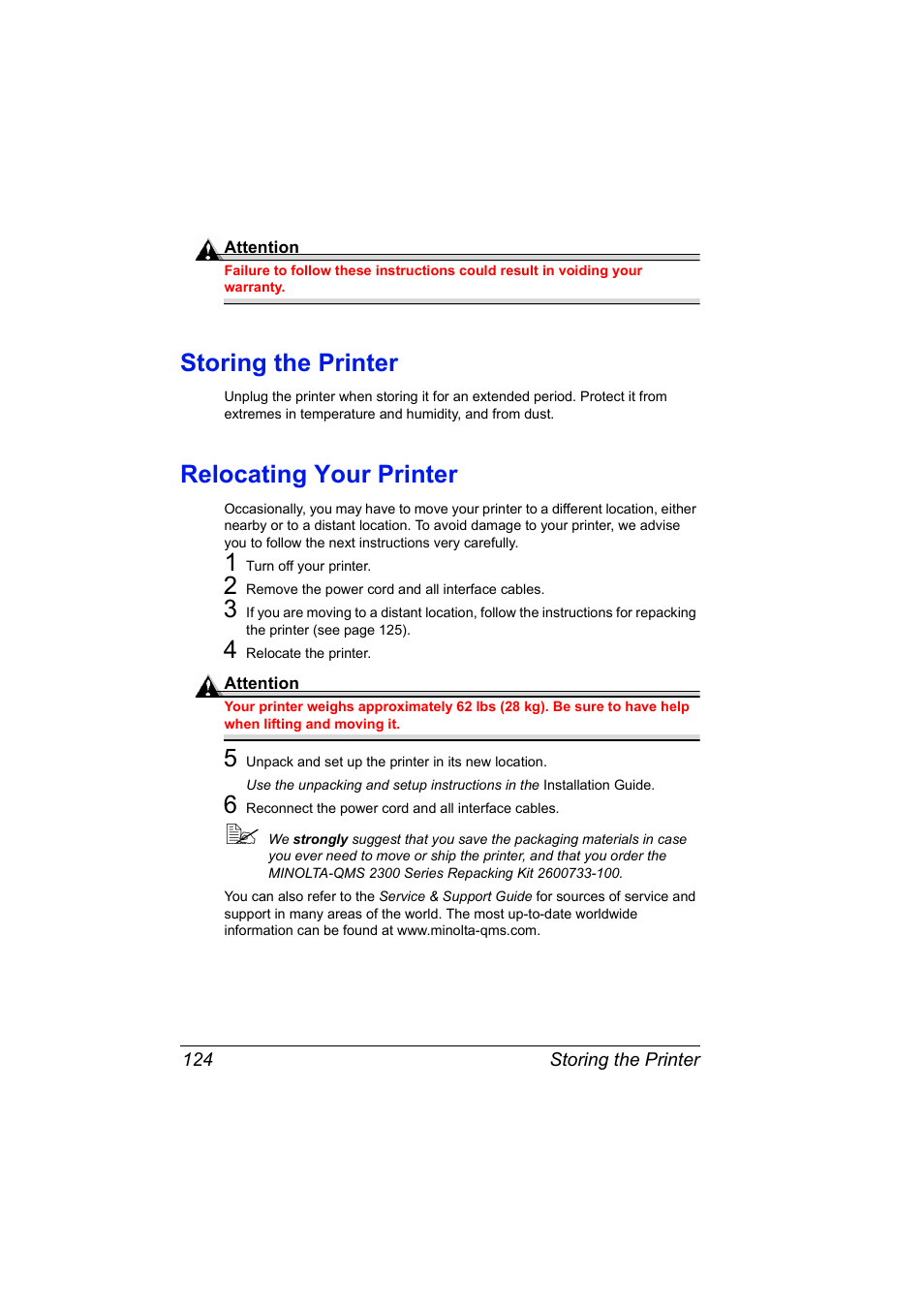 Storing the printer, Relocating your printer | NEC 2300 DL User Manual | Page 132 / 172