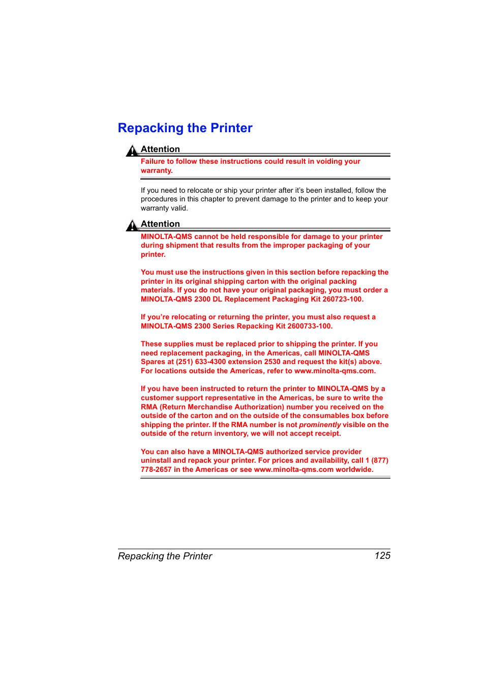 Repacking the printer, Repacking the printer 125 | NEC 2300 DL User Manual | Page 133 / 172