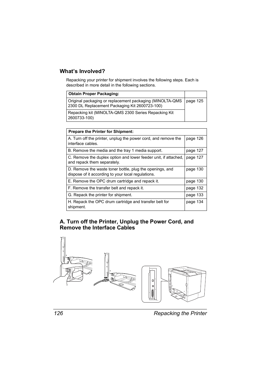 Repacking the printer 126 what’s involved | NEC 2300 DL User Manual | Page 134 / 172