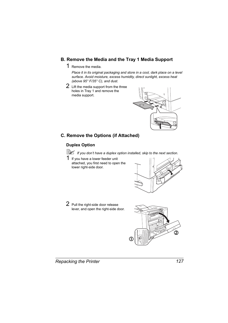 B. remove the media and the tray 1 media support, C. remove the options (if attached) | NEC 2300 DL User Manual | Page 135 / 172