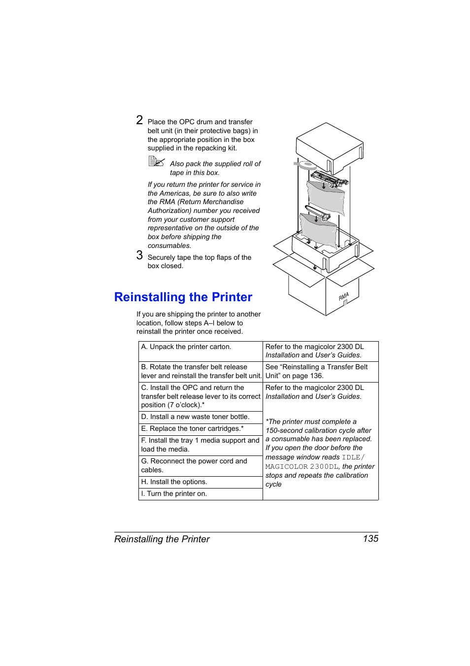 Reinstalling the printer, Reinstalling the printer 135 | NEC 2300 DL User Manual | Page 143 / 172