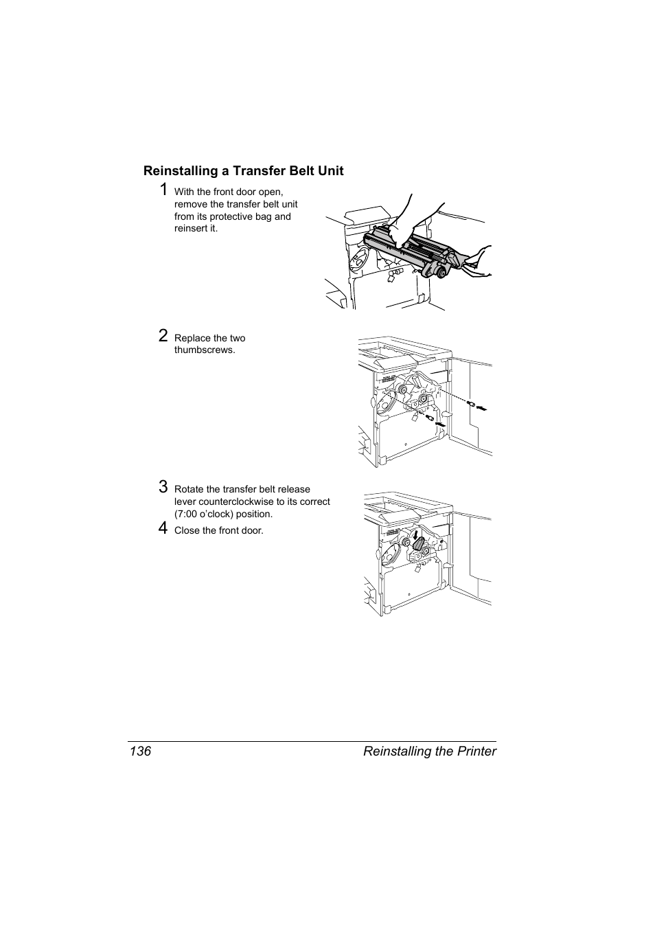 Reinstalling a transfer belt unit, Reinstalling a transfer belt unit 136 | NEC 2300 DL User Manual | Page 144 / 172