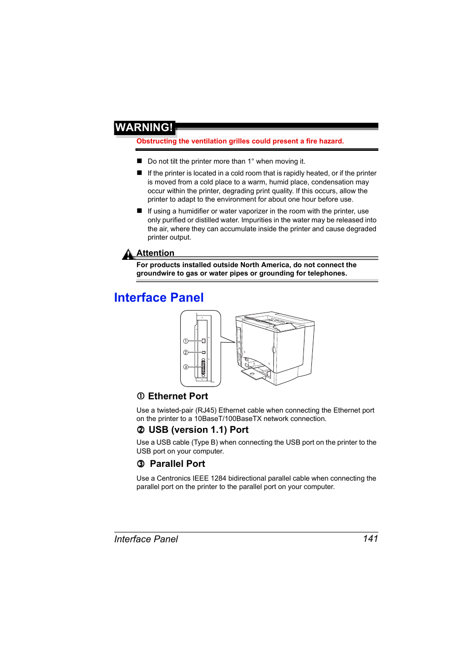 Interface panel, Interface panel 141, Warning | NEC 2300 DL User Manual | Page 149 / 172