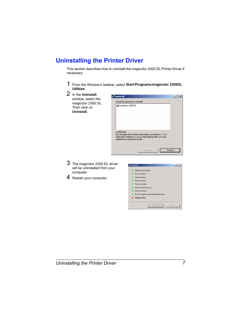 Uninstalling the printer driver, Uninstalling the printer driver 7 | NEC 2300 DL User Manual | Page 15 / 172