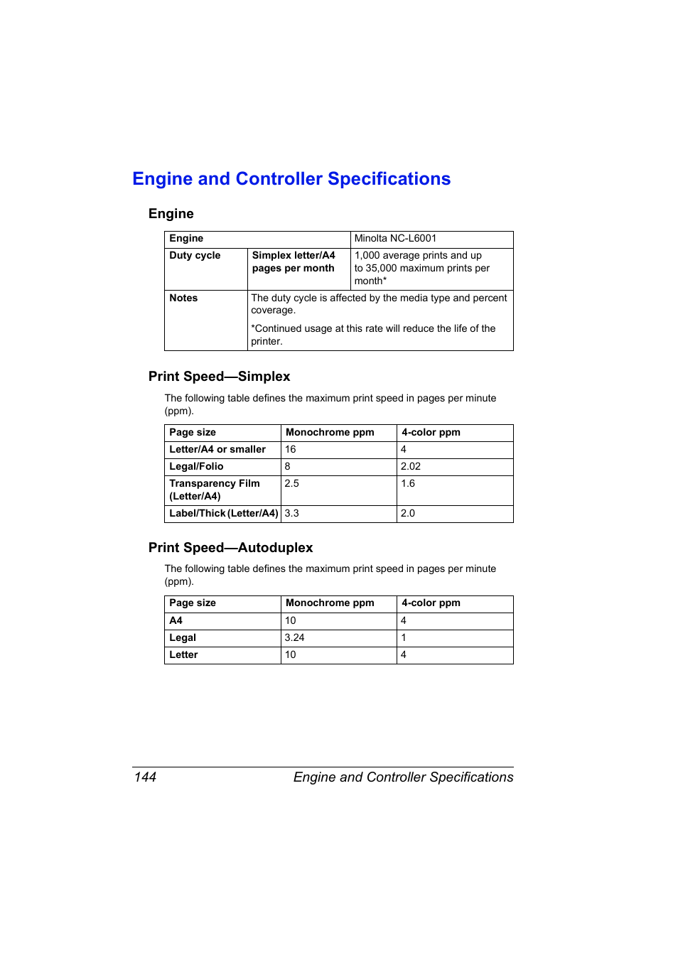 Engine and controller specifications, Engine, Print speed—simplex | Print speed—autoduplex, Engine and controller specifications 144, Engine print speed—simplex | NEC 2300 DL User Manual | Page 152 / 172