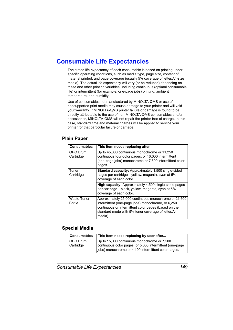 Consumable life expectancies, Plain paper, Special media | Consumable life expectancies 149, Plain paper 149 special media 149 | NEC 2300 DL User Manual | Page 157 / 172