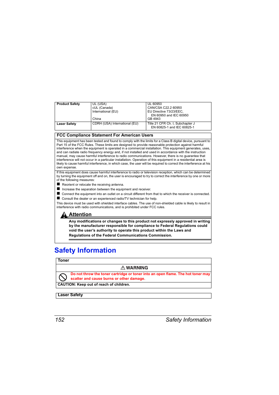 Safety information, Safety information 152, Attention | NEC 2300 DL User Manual | Page 160 / 172