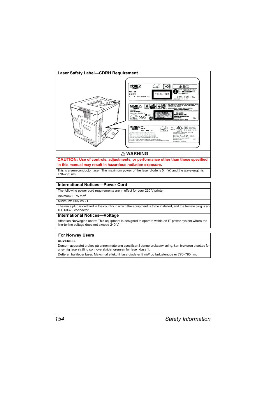 For norway users, For norway users 154, Safety information 154 | NEC 2300 DL User Manual | Page 162 / 172