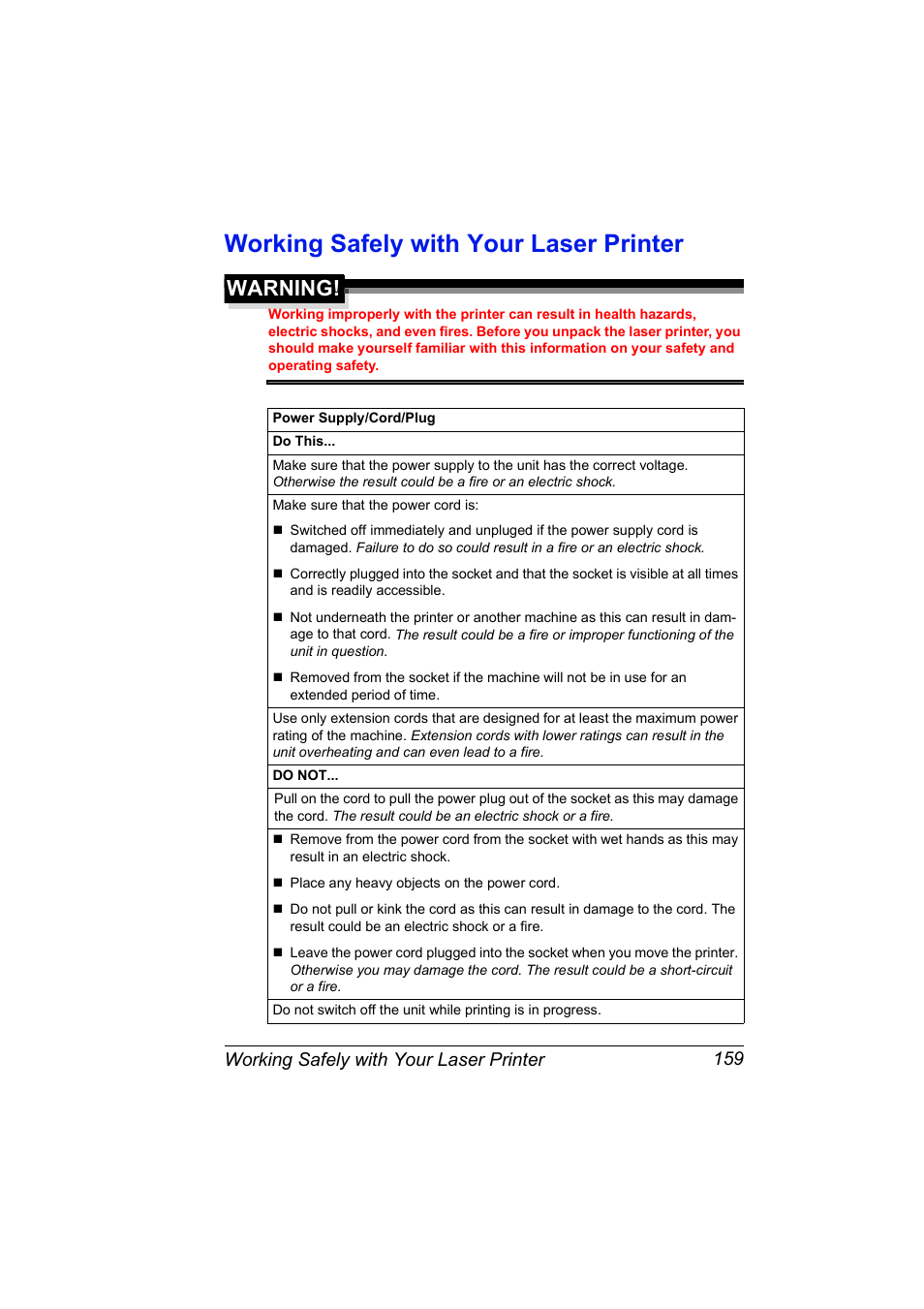 Working safely with your laser printer, Warning, Working safely with your laser printer 159 | NEC 2300 DL User Manual | Page 167 / 172