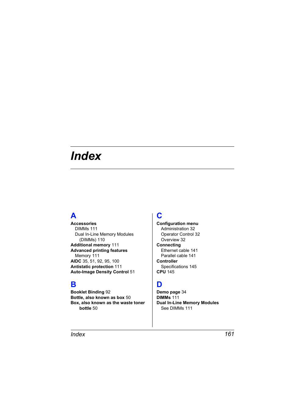 Index, A to d | NEC 2300 DL User Manual | Page 169 / 172