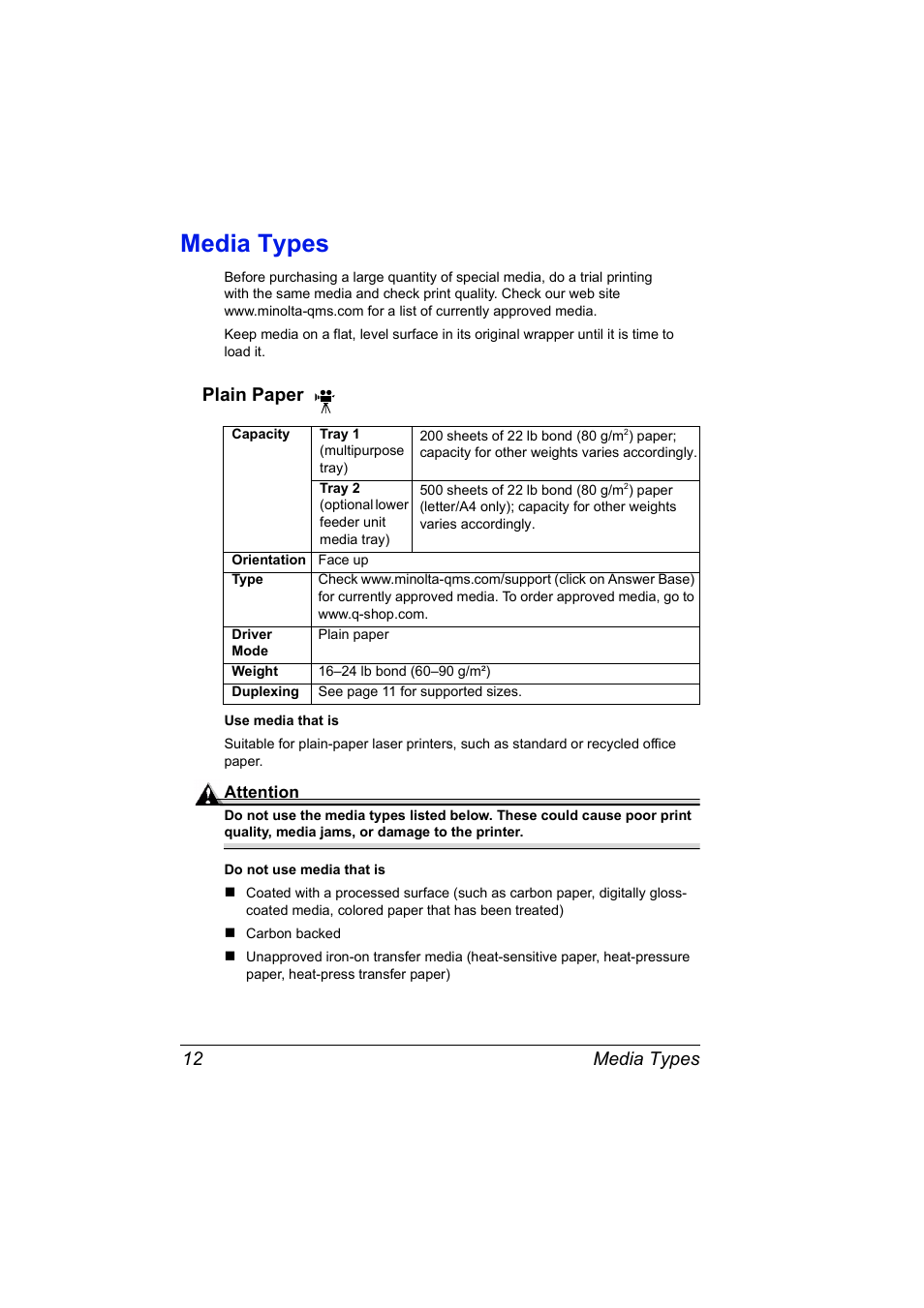 Media types, Plain paper, Media types 12 | Plain paper 12 | NEC 2300 DL User Manual | Page 20 / 172