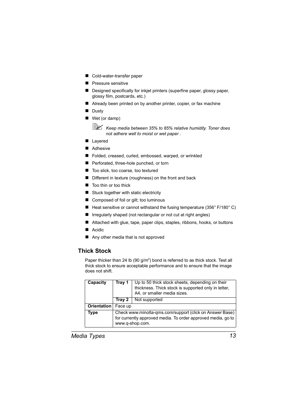 Thick stock, Thick stock 13, Media types 13 | NEC 2300 DL User Manual | Page 21 / 172