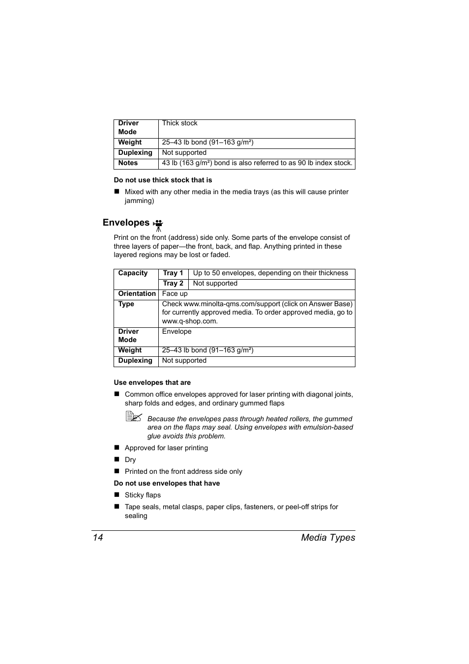 Envelopes, Envelopes 14, Media types 14 | NEC 2300 DL User Manual | Page 22 / 172