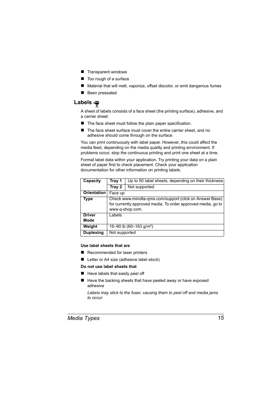 Labels, Labels 15, Media types 15 | NEC 2300 DL User Manual | Page 23 / 172