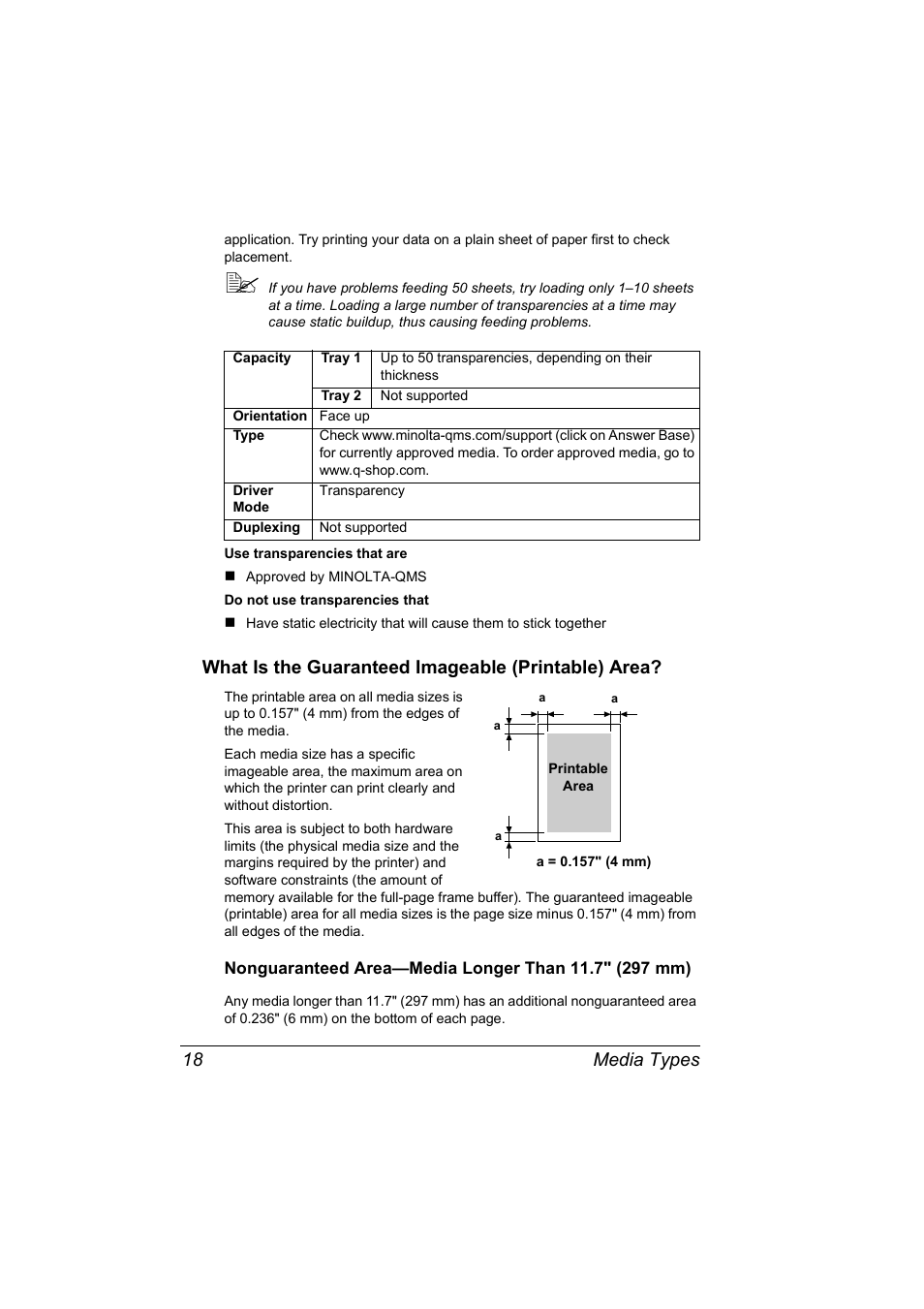 What is the guaranteed imageable (printable) area, Media types 18 | NEC 2300 DL User Manual | Page 26 / 172